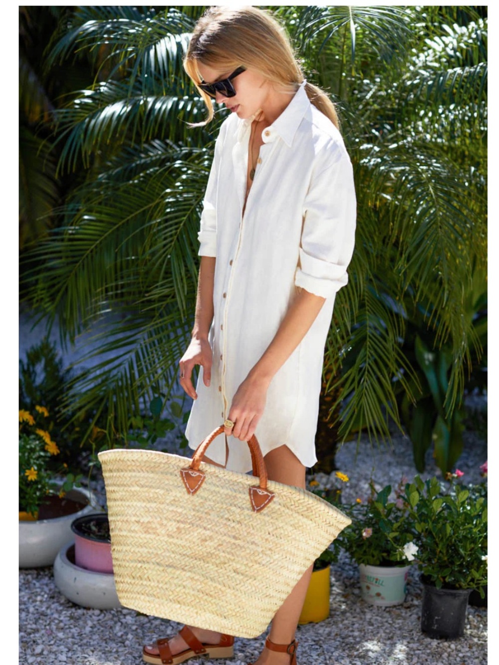 Emerson Fry Natural Woven Straw Tote with Brown Leather Handles